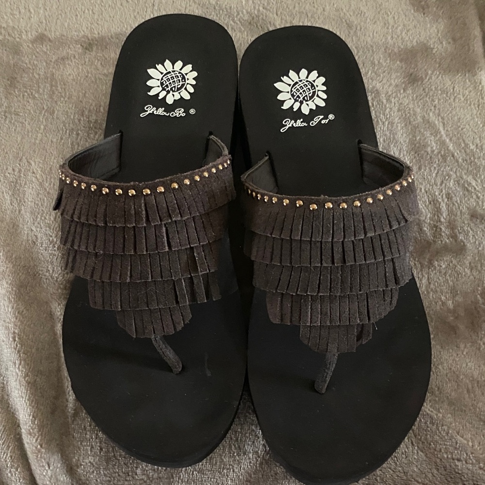 Yellow Box Black and Brown Fringe Sandals - Picture 2 of 5